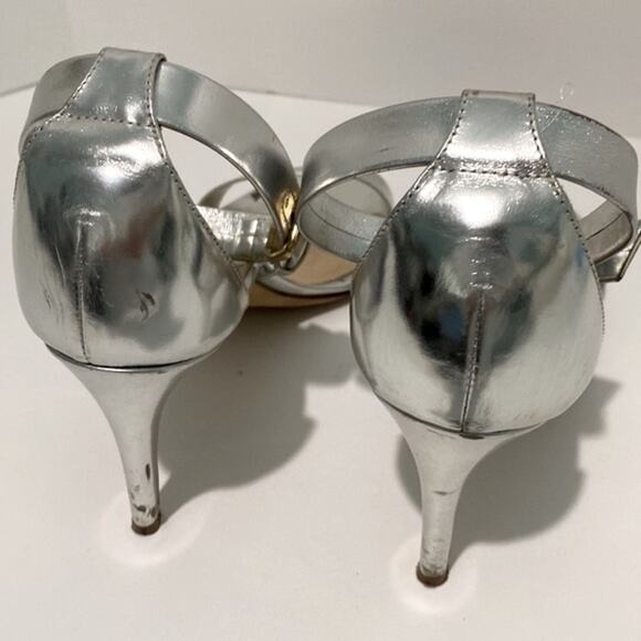 J. Crew 9 Silver Heels One Strap Ankle Strappy Open Sandals Holiday Party Formal - Picture 11 of 16